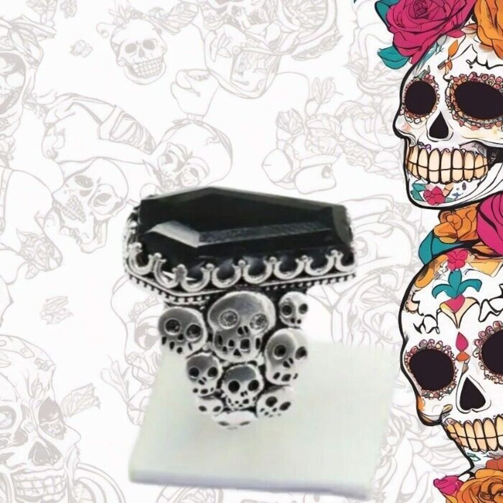 Mens Black Casket Coffin Skulls Ring Size 8 Crystal Eyes Women